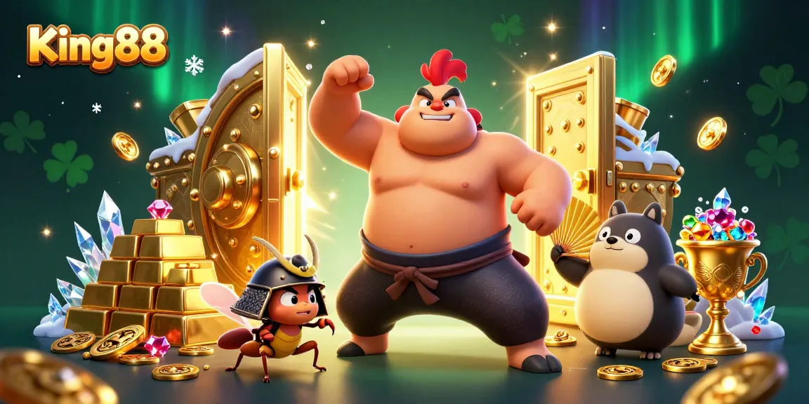 Experience King88's thrilling atmosphere as characters celebrate in a vibrant casino scene.