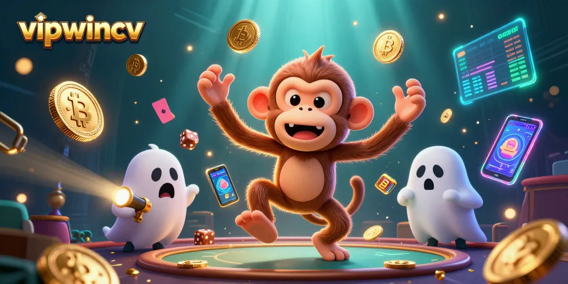 Engage with vipwincv at a haunted casino showcasing a playful poltergeist monkey and a curious puppy guiding players through crypto-themed action.