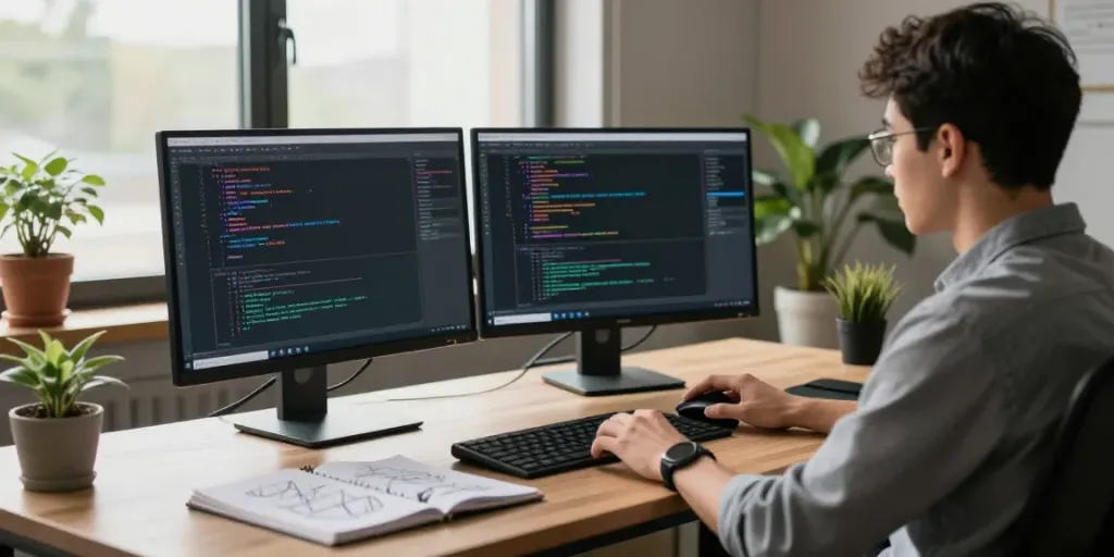 Developer working on instant indexing project in a modern tech workspace