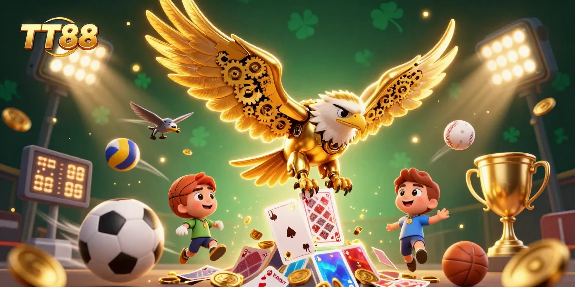 Engage with TT88's thrilling casino experience through a vibrant 3D illustration showcasing dynamic gaming elements.