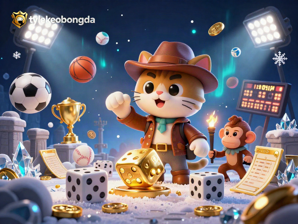 Tylekeobongda showcases a cat archaeologist uncovering a golden casino artifact, surrounded by dynamic sports elements.