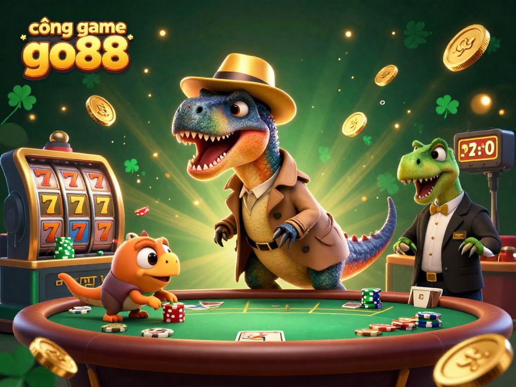 Engage in the thrilling cổng game go88 with a cartoon velociraptor card counter amidst dynamic slot reels and jackpot highlights.