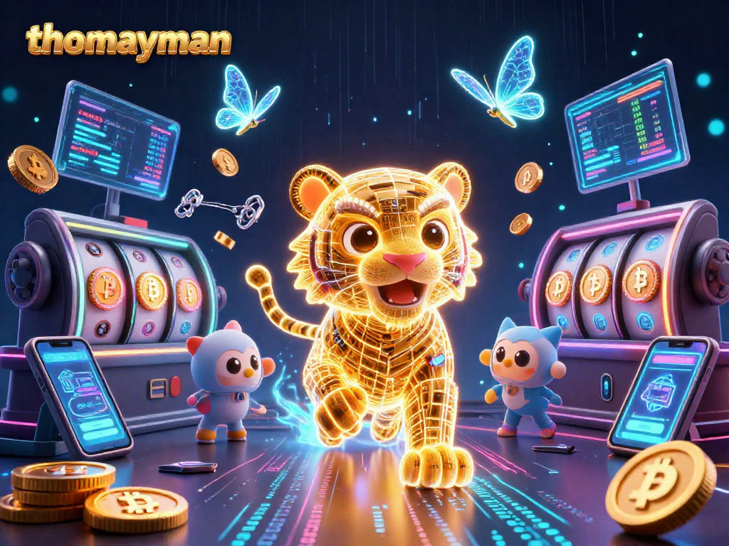 Spin to win with thomayman in a dazzling digital casino scene featuring a glowing tiger.