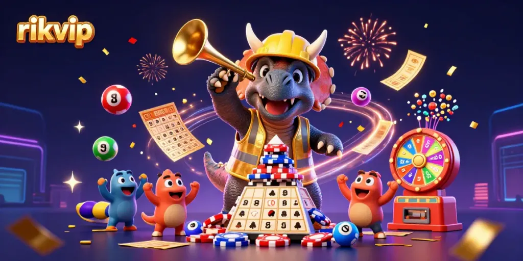 Experience the excitement with rikvip as a triceratops builds poker chips amidst vibrant lottery elements.