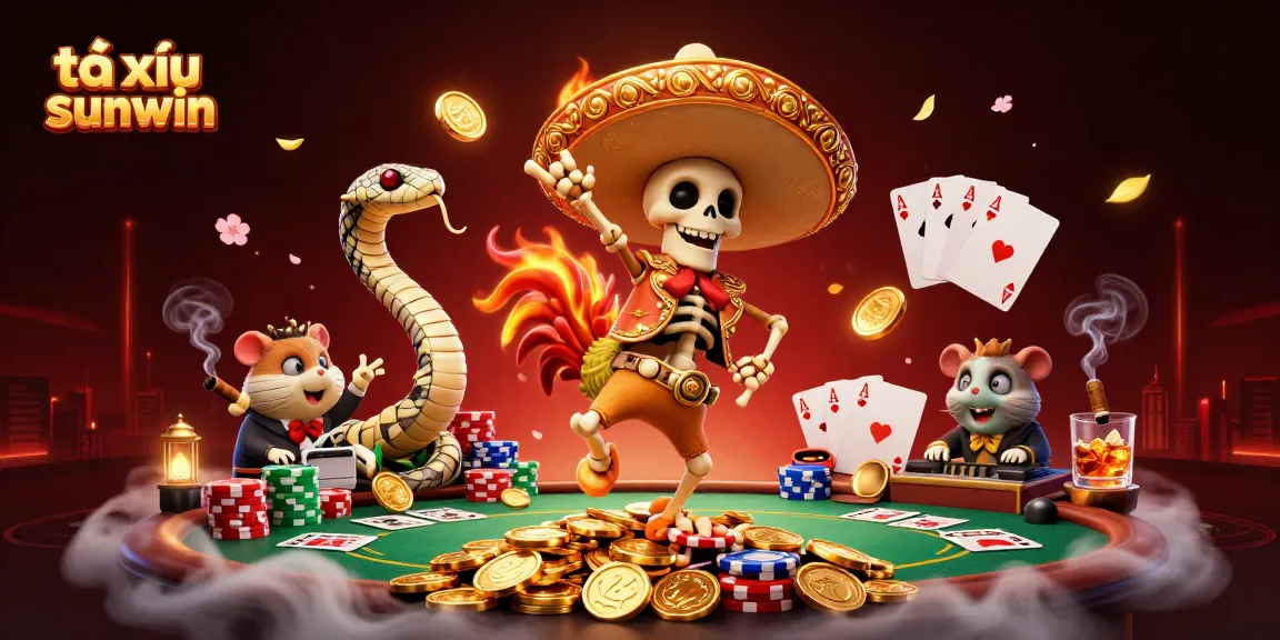 Catch the excitement of tài xỉu sunwin with a festive scene featuring vibrant characters and casino elements.