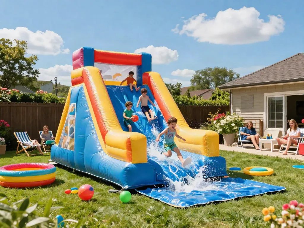 Children having fun on a colourful water slide at a summer backyard party.