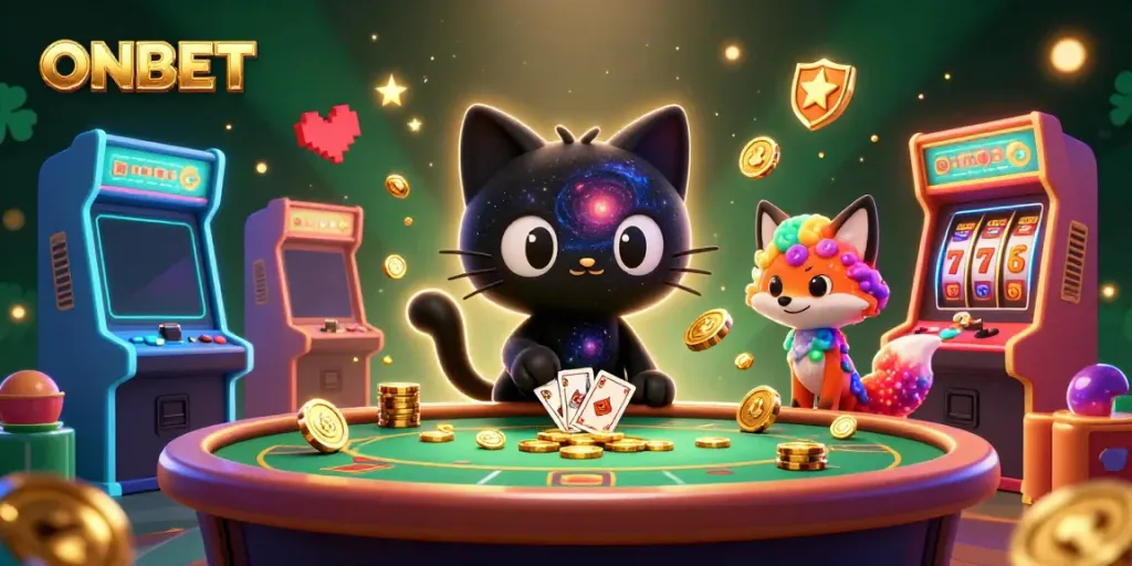 Experience the cosmic gaming adventure with ONBET’s stellar kitten and nebula fox at a vibrant casino.