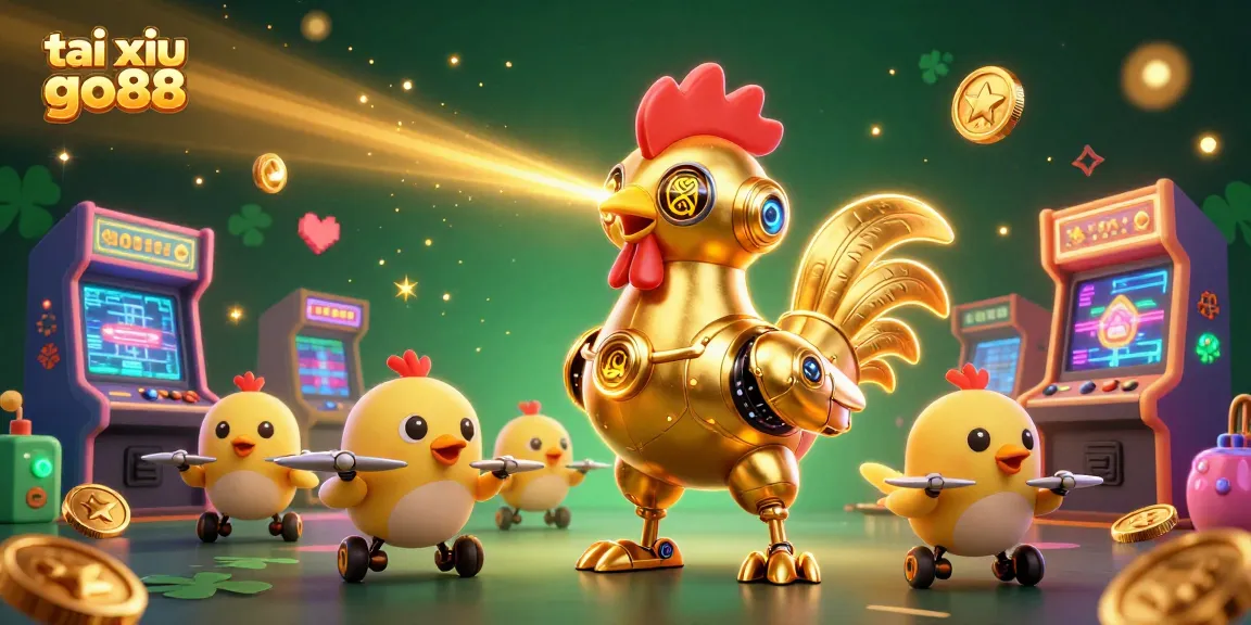 Engage with tai xiu go88 featuring a golden rooster robot and arcade-style casino elements.