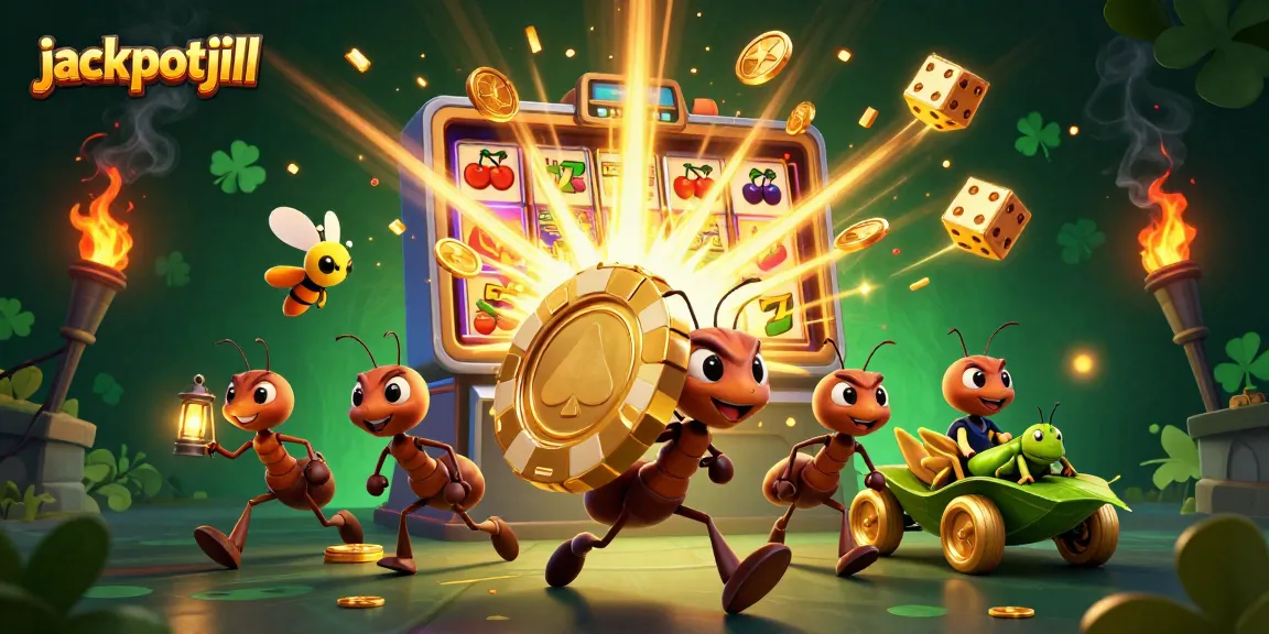 Experience jackpotjill thrills as ants pull off a heist with a giant poker chip amidst casino elements.