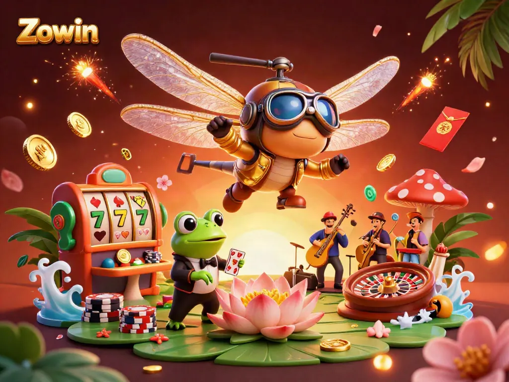 Zowin takes center stage as croupiers and musicians create a vibrant casino atmosphere with games and lavish decorations.