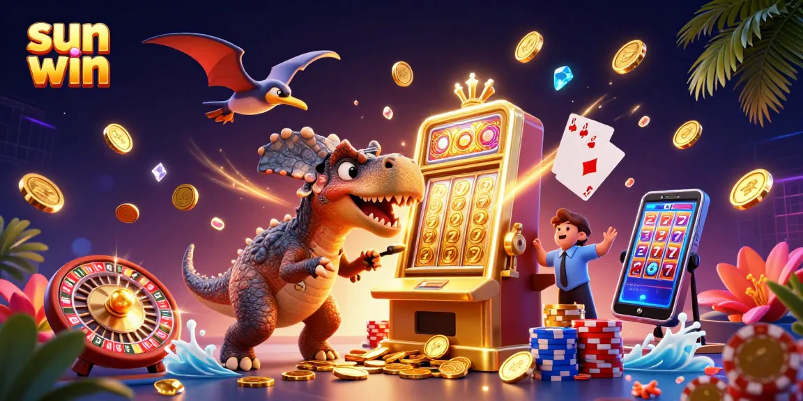 Experience the thrill of sun win with a dinosaur-themed slot machine jackpot scene full of coins and casino elements.