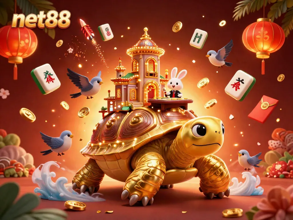 Experience net88's vibrant casino world with a golden tortoise and rabbit dealer in a rich scene.