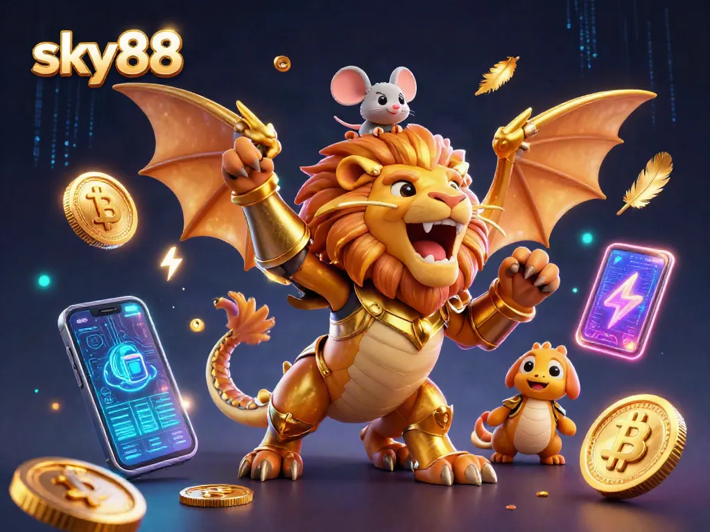 Join the excitement with sky88, featuring golden gaming elements and a triumphant chimera!