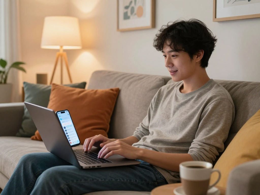 Engaging in ai sex chat on a laptop in a cozy home environment.