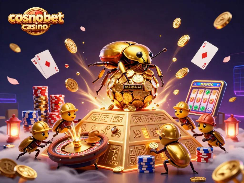 Experience excitement at cosmobet casino with a golden beetle rolling coins amidst casino symbols.