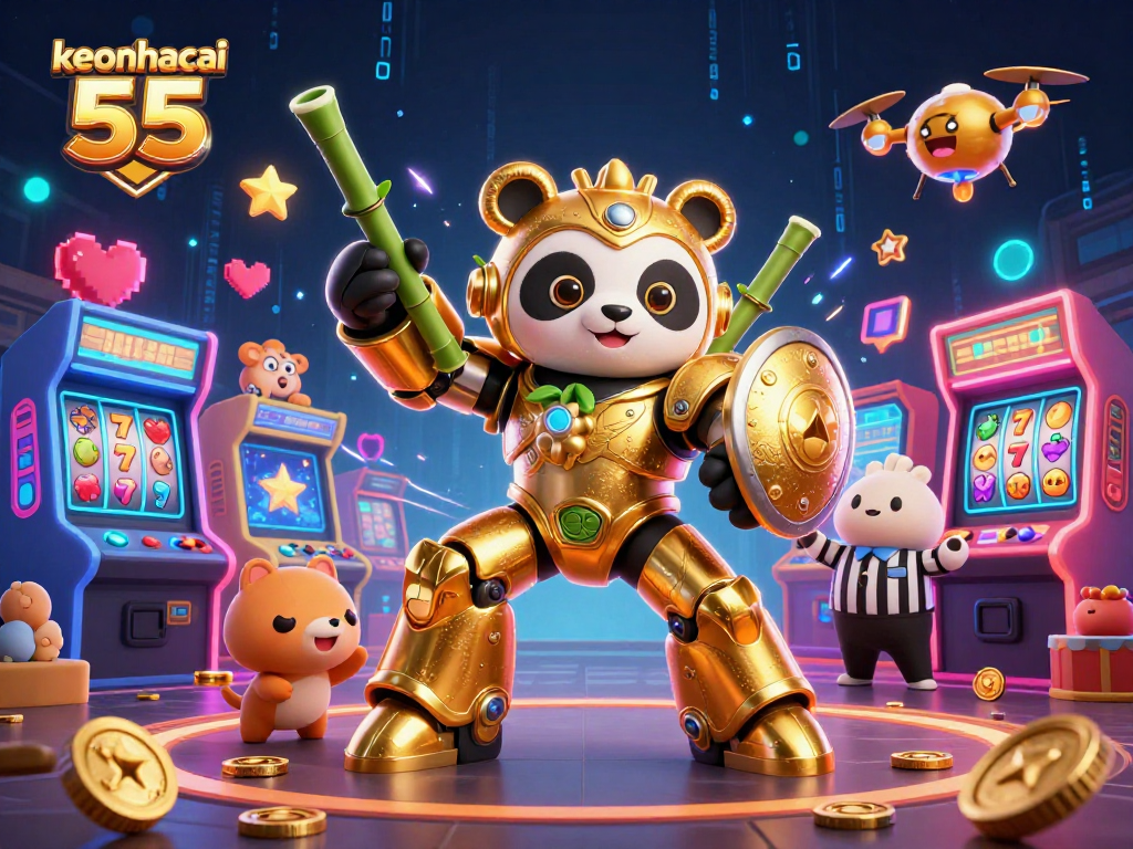 Engage in thrilling action with keonhacai 55 in a vibrant 3D casino scene featuring a golden panda.