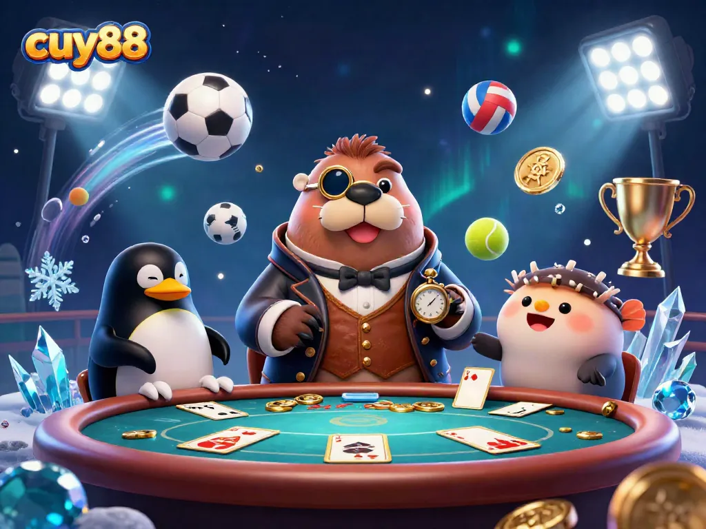 Engage with exciting gameplay at cuy88 with a whimsical scene of a walrus, penguin dealer, and pufferfish poker player.