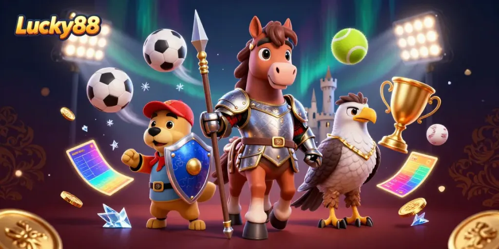 Experience thrilling action at Lucky88 with vibrant casino adventure featuring a knight, puppy, and falcon.