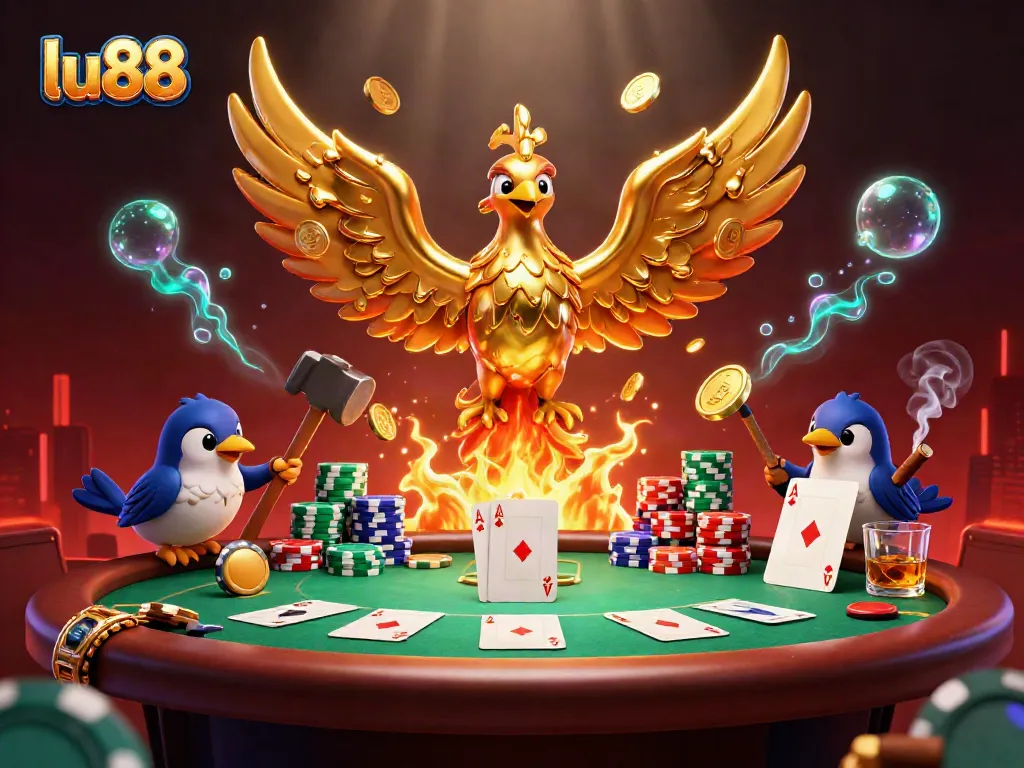 Experience the excitement of lu88 with a phoenix igniting a fortune of poker chips and gold coins.