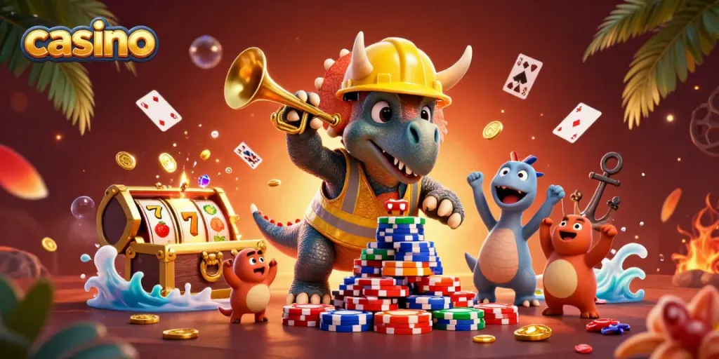 Celebrate at the casino with a triceratops building poker chips, surrounded by explosive treasures.