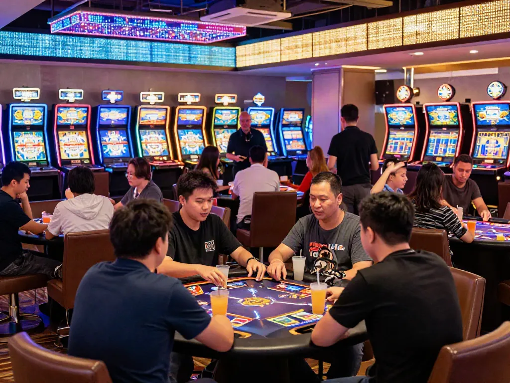 Exciting gaming atmosphere at http://gem88-mobile.com with diverse players engaged in various table games.