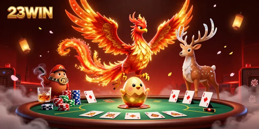 Experience vibrant gaming energy at 23WIN with a phoenix and poker elements.