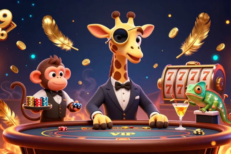 Experience thrilling moments at 789 club with a high-roller giraffe, monkey valet, and chameleon bartender.