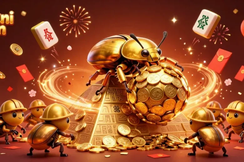 Dhani win platform featuring a vibrant 3D illustration of golden beetles and festive casino elements celebrating gaming.