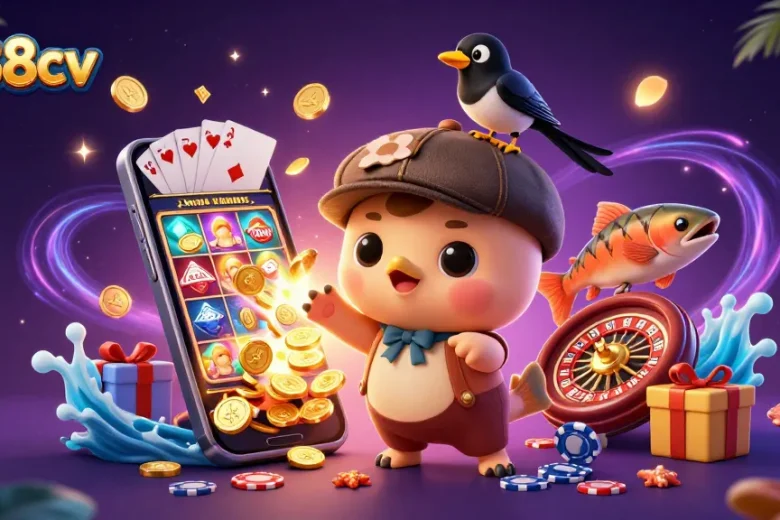 Win big with nk88cv's exciting gaming, featuring vibrant characters and dynamic casino elements.