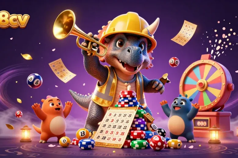 Engage with the lively atmosphere of tr88cv as a triceratops builds poker chips amidst colorful lottery balls.