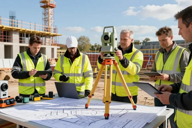 Measured building survey London with surveyor using Total Station at construction site