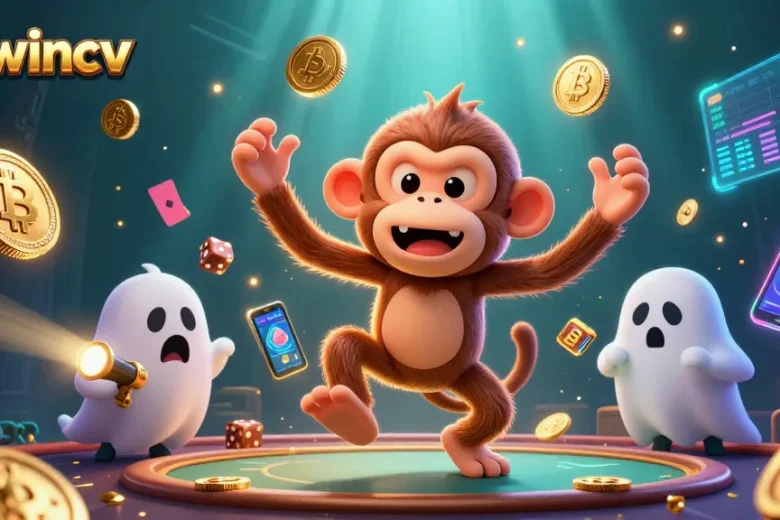 Engage with vipwincv at a haunted casino showcasing a playful poltergeist monkey and a curious puppy guiding players through crypto-themed action.