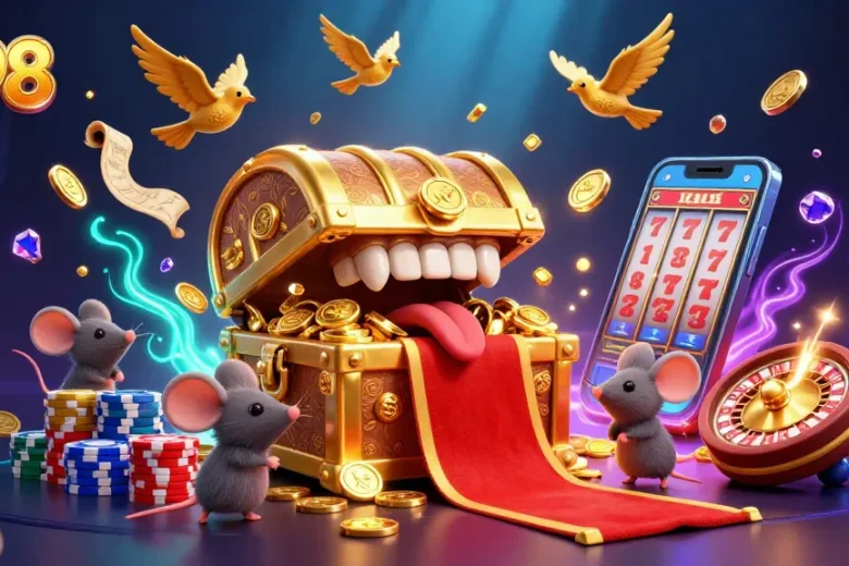 M98 captivates players with vibrant casino treasures, showcasing slot machines and gaming excitement.