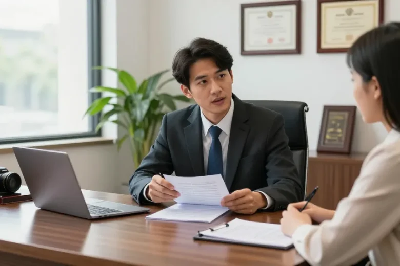Lawyer consulting a client about legal matters, click here. for expert legal advice.