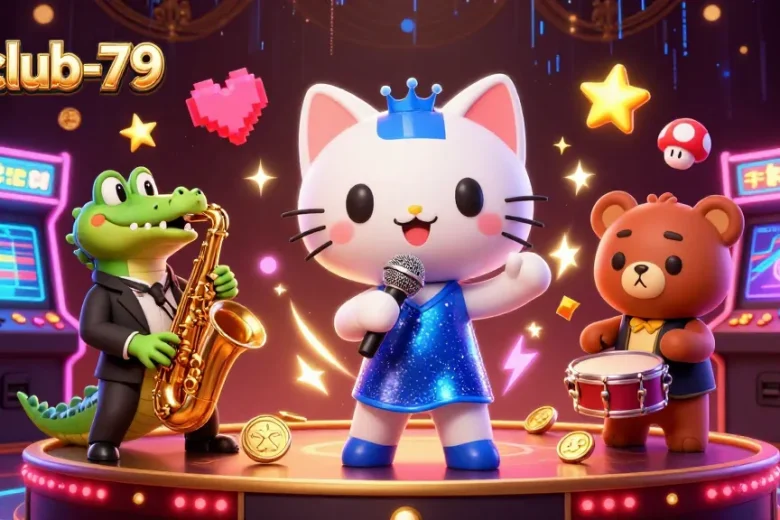 Experience hitclub-79 with vibrant characters performing against a rich casino backdrop.