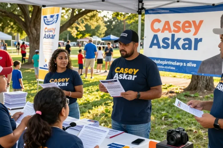 Casey Askar engaging with voters at a community event, showcasing political campaign efforts.